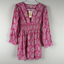 NEW Mille Resort Pink White Floral Cinched Waist Long Sleeve Mini Dress Small