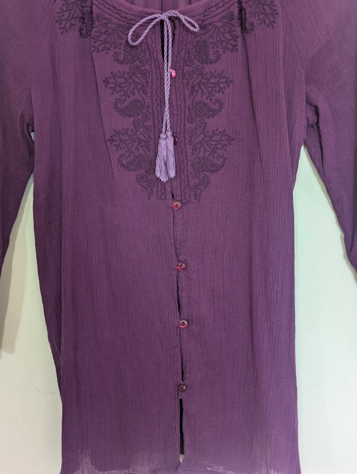 Бас женщин вышитая кнопка верхний размер M баклажан прозрачный хлопок богемный хиппи - Изображение 4 из 4