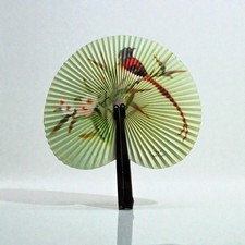 Vintage Asian Bird Floral Folding Paper Fan On A Light Green Paper Surface
