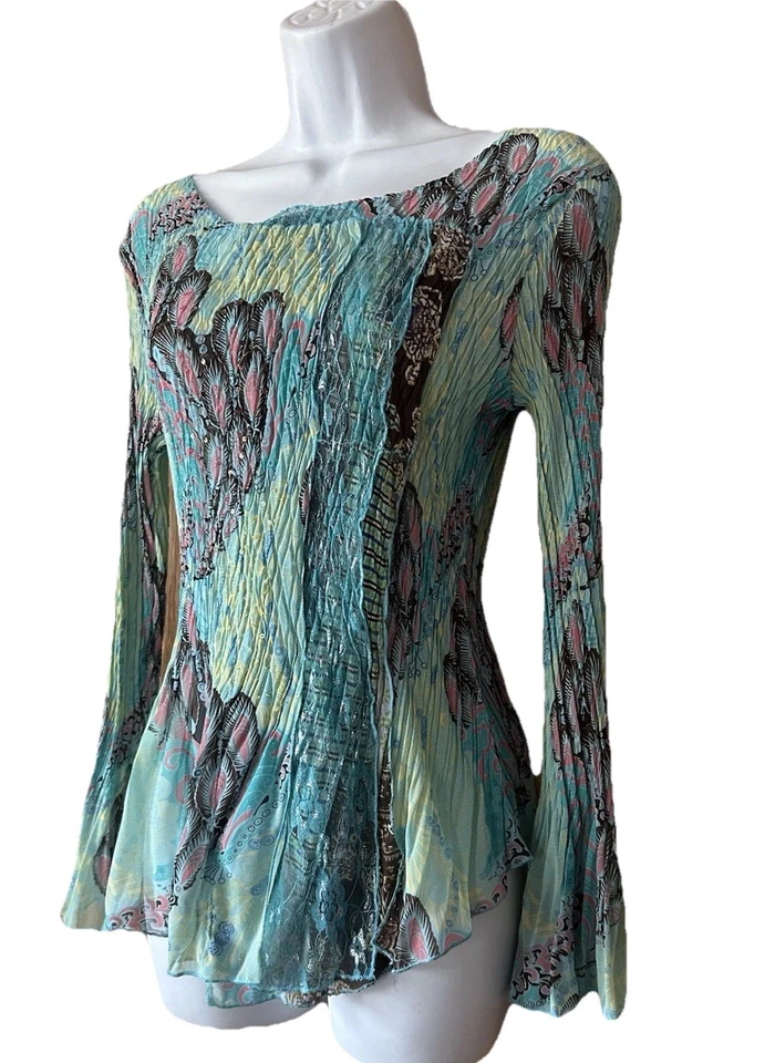 ALBERTO MAKALI Blouse Women’s Multicolor Crinkle Pleated Lace Boho Sheer Large - Image 3 of 4