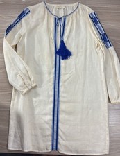 Michael Kors Women's Linen Tunic Dress Cream Size S Blue Embroidered Boho Tassel
