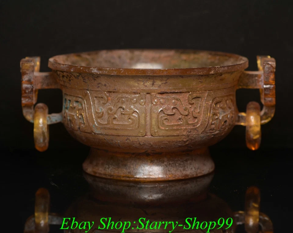 7.4" Old Chinese Dynasty Yellow Colored Glaze Beast Head 2 Ears Incense Burner - Image 2 of 4