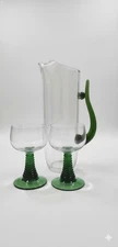 Set Of  2 VTG Green Ribbed Beehive Stem Glass And Pitcher Hand Blown Mexican