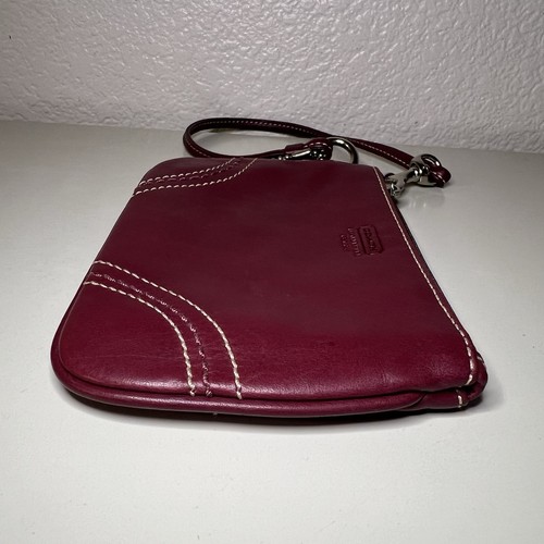 COACH Leather Corner Zip Wristlet Wallet Clutch Red Burgundy Wine Pink Interior - Picture 8 of 14