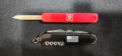 VINTAGE  MULTI FUNCTION FOLDING POCKET TOOL  (USA FLAG) & AC SPARK PLUG KNIFE