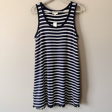 LOFT Lounge NWT Navy Blue White Stripes Tank Dress Pom Pom Hem Size Medium