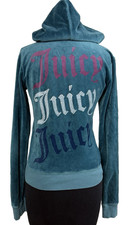 Vtg Juicy Couture Velour Hoodie Womens M Full Zip Logo Y2K Bling Jacket Teal USA