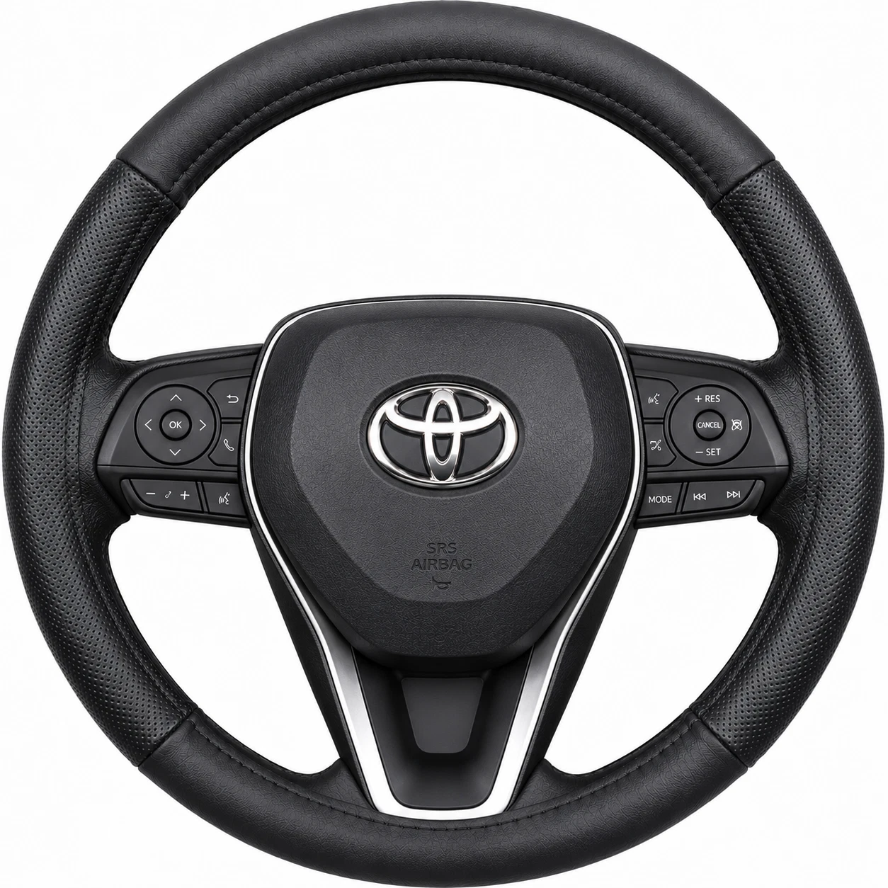 Black genuine leather steering wheel cover fitted to a Toyota RAV4 XA50 2019 to 2025 38cm round steering wheel