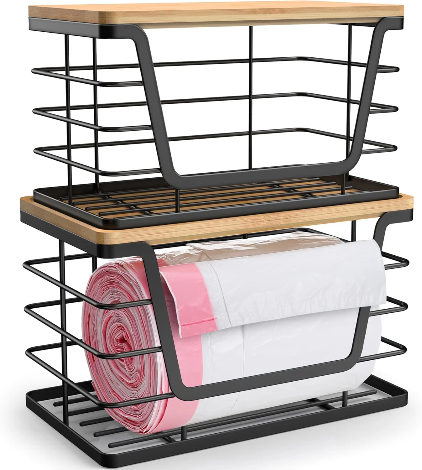 2 Pack Storage Stackable Kitchen Laundry Organizers with Bamboo Top, Large Trash