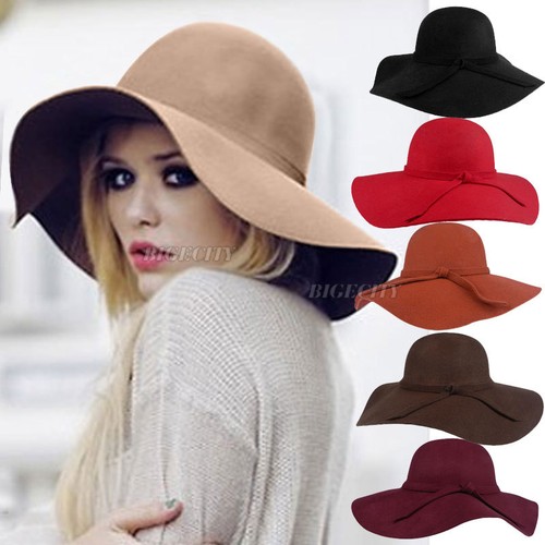 Retro Ladies Women Wool Felt Fedora Floppy Cloche Wide Brim Bowknot Hat Cap