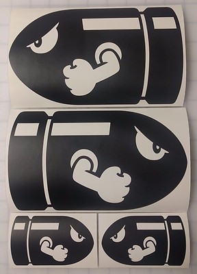 Set Of 4 Bullet Bill Sticker Decals - Matte Black, Super Mario Bros NES SNES Gaming Decals