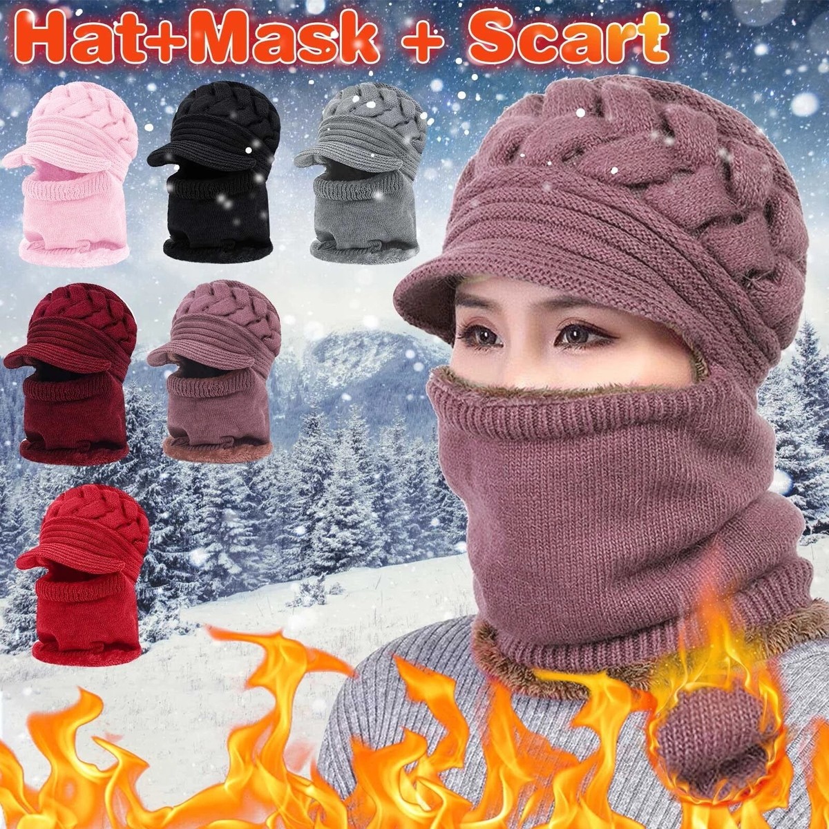 Women Bib Beanie Hat Pom Bobble Scarf Knitted Winter Warm Snow Ski
