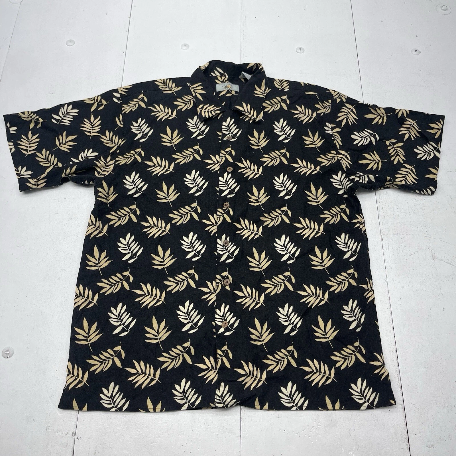 Foliage Black Beige Leaf Printed Linen Blend Short Sleeve Button Up Mens XL