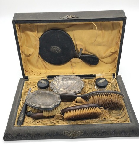 Antigua caja de tocador victoriana cepillos para artículos de tocador vidrio cubierto con espejo plata de ley? - Imagen 3 de 12