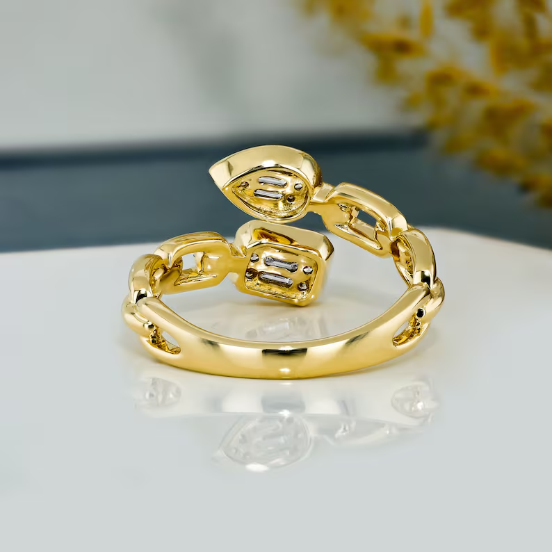 2 Ct Simulated Diamond Cuban Link Bypass Ring Yellow Gold Plated