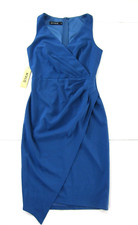 NWT OTEN Blue Stretch V-Neck Sleeveless Asymmetric Sheath Wrap Dress Small