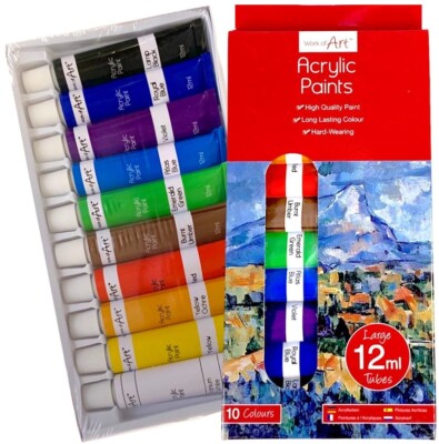 12 ML GRÖSSERE Tuben Acryl Künstlerfarben Set -10 FARBEN- größere Tuben Kunst Handwerk