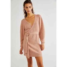 Free People Sienna Pink Wrap Knit Belted Sweater Dress Med. NWOT