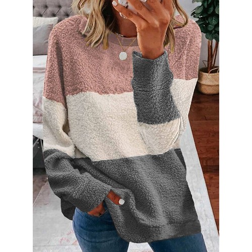Women Plush Contrast Round Neck Casual Pullover Long Sleeve Loose Top Sweatshirt - Bild 8 von 10