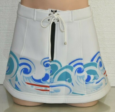 $1380 NEW w TAGS Rare CHANEL Wave Print Tennis Mini Skirt Off White Zip Blue 40