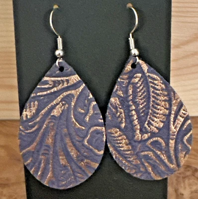 Blue Bronze Textured Leather Teardrop Earrings – Hook Dangle Boho Style - Image 1 of 4