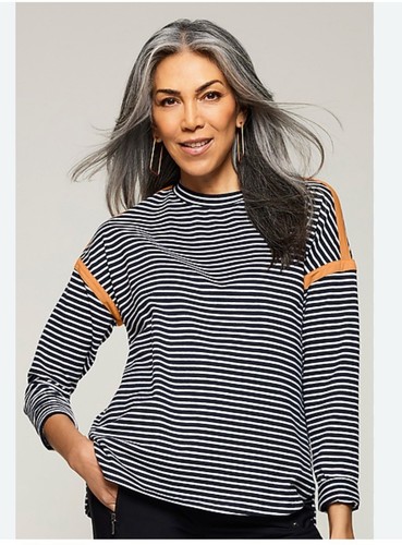 Lisa Bayne Sz Xl BRIDGER Tee Black White Breton Stripe Blouse Top Lagenlook