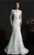 White Lace Long Sleeve Mermaid Full-Length Wedding Dress Boat Neck Size S