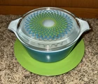 Vintage Pyrex Spirograph 475 Dish Lid & Rare Melamine Serving Trivet Under Plate
