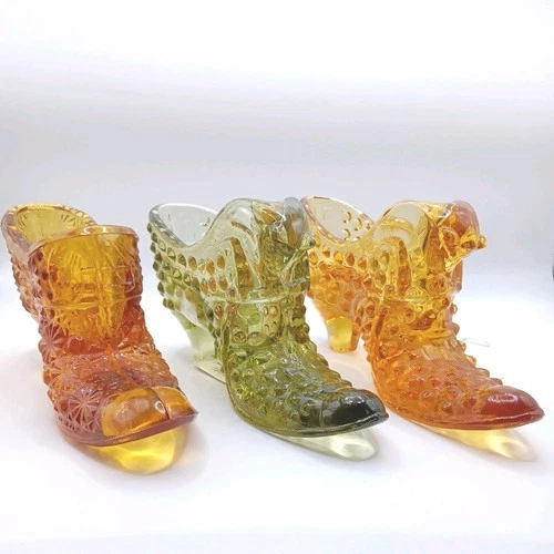 Vintage Fenton Art Glass Amber Olive-Green Hobnail Shoe Slipper Boot w/Cat Head