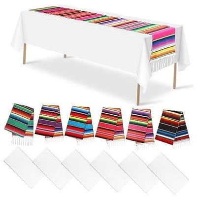 6+6 Mexican Table Runner and Plastic Tablecloth Set, 12pcs White Rectangle