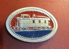 Vintage Belt Buckle Train Railroad Caboose American Red Metal Oval Engraved