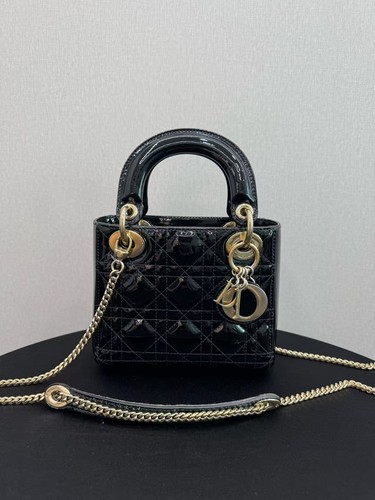 Dior Lady Dior Mini Black Patent Cannage Leather Gold Hardware Chain Bag
