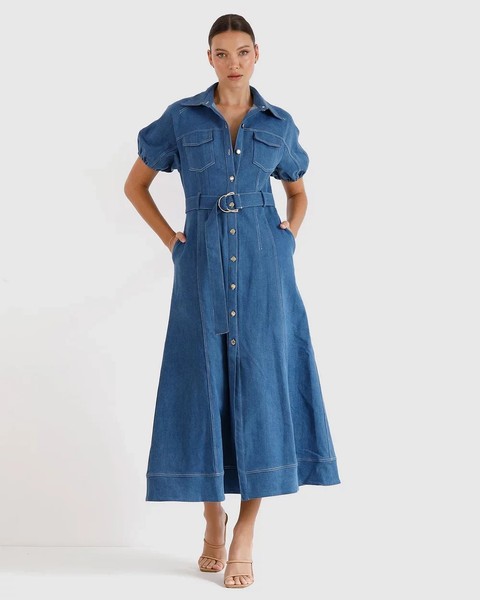 Pasduchas Thick Blue Denim Maxi Shirt Dress Size 6 Daybreak Short Puff Sleeve 