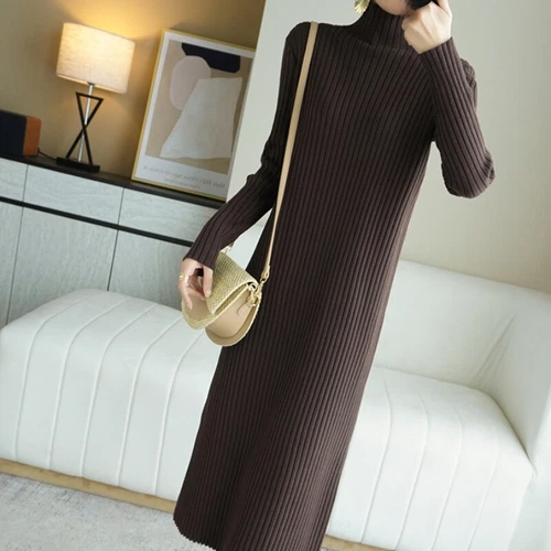 Lady Midi Knitted Dress High Neck Jumper Dress Long Sleeve Baggy Sweater Winter - Picture 6 of 18