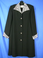 VTG Coat Suit Dress A-LINE CONSTANCE SAUNDERS Black Crepe ZEBRA SILK TRIM sz 8