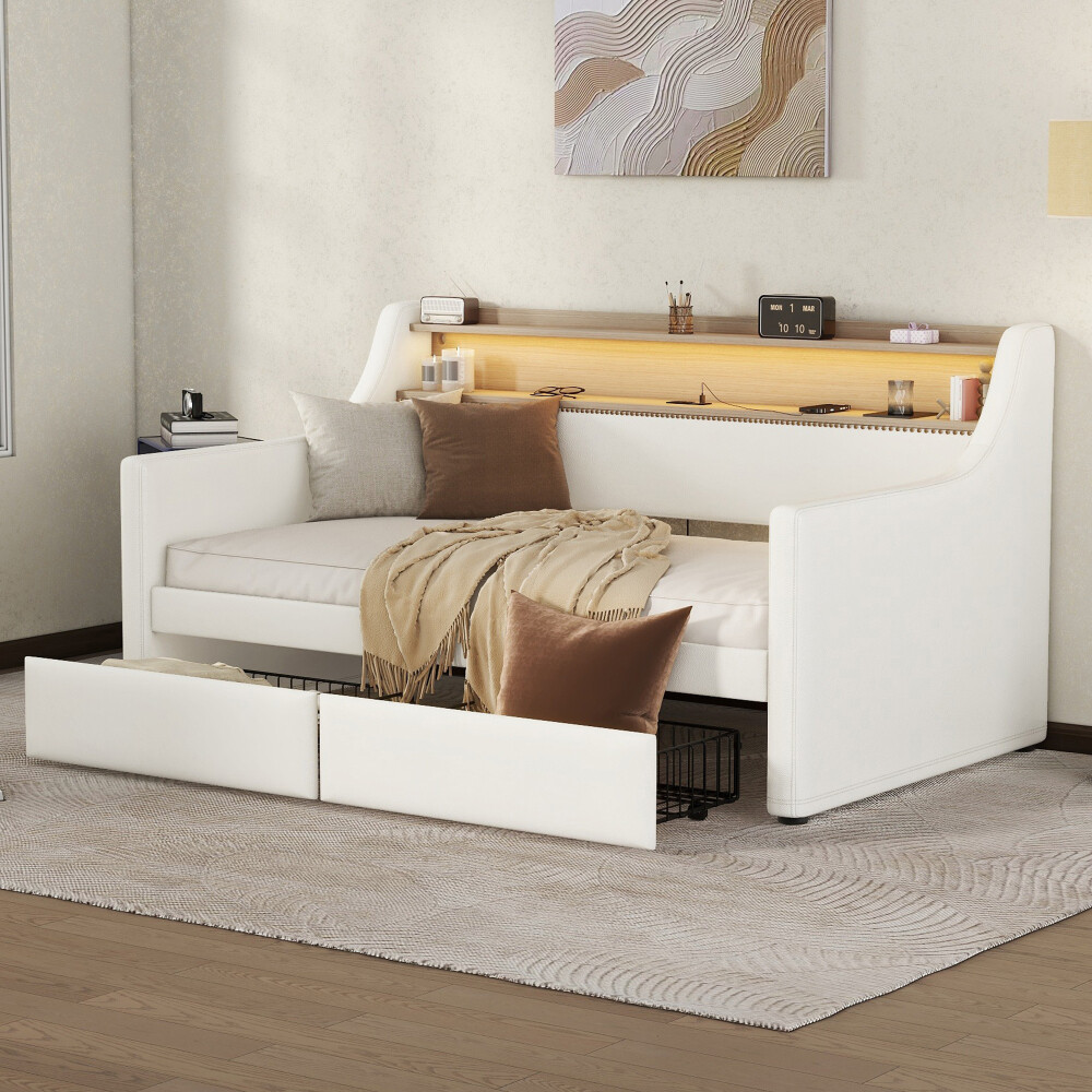 Twin Size Daybed with Drawers, Upholstered with Charging Station & LED Lights