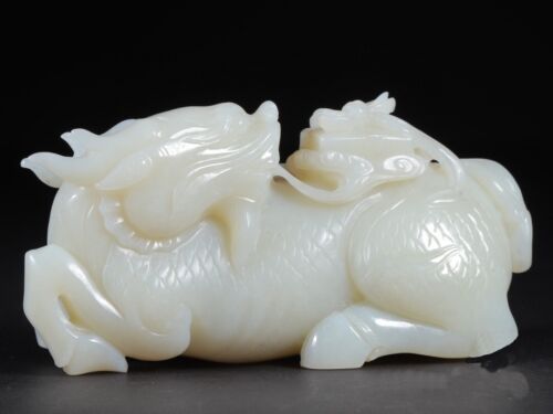 CHINESE QING DYNASTY 601g 100% NATURAL HOTAN WHITE JADE HAND CARVED KYLIN STATUE
