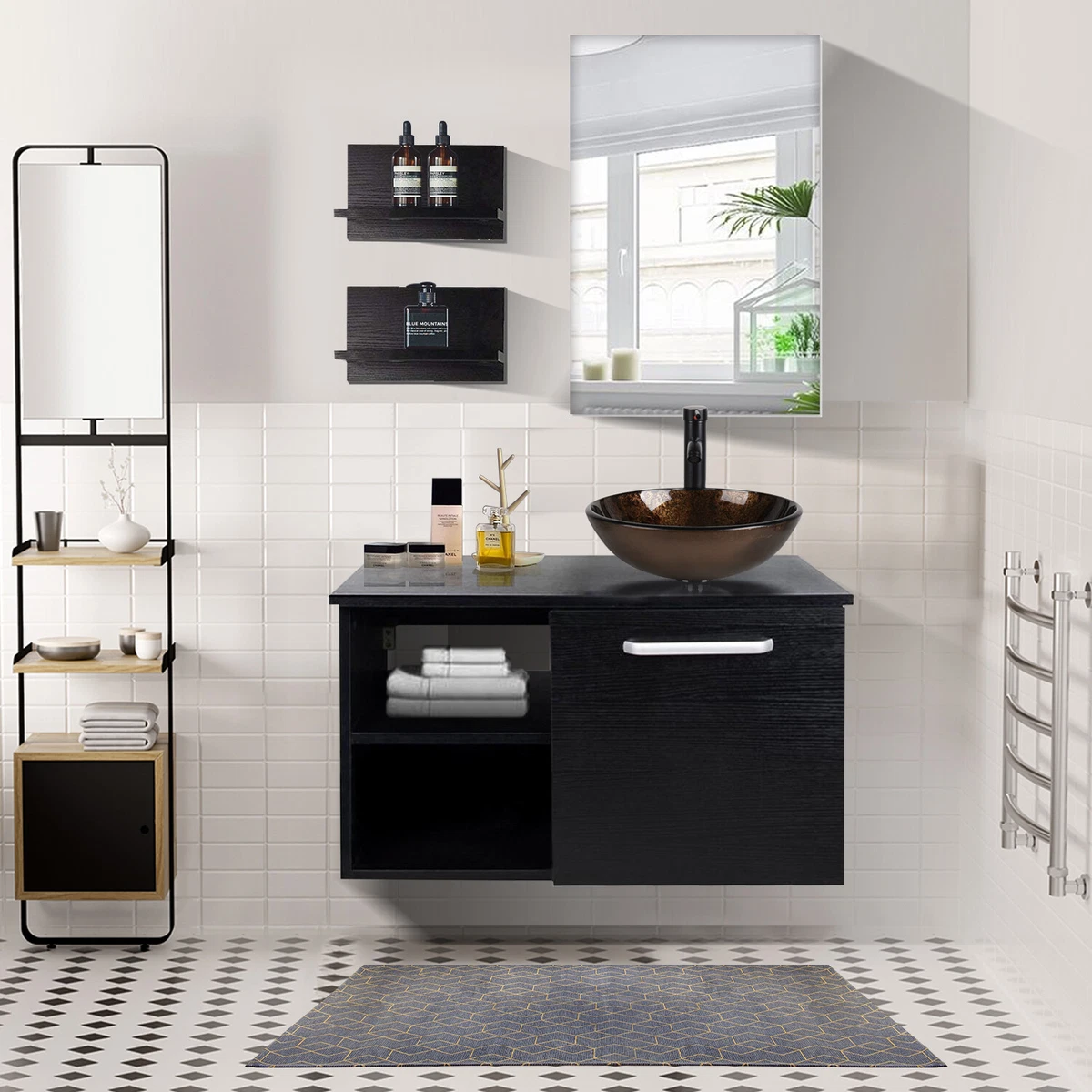 28 inch Bathroom Vanity With Vessel Sink Set Wall Mounted w Side Shelves Mirror