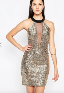 black plunge sequin dress