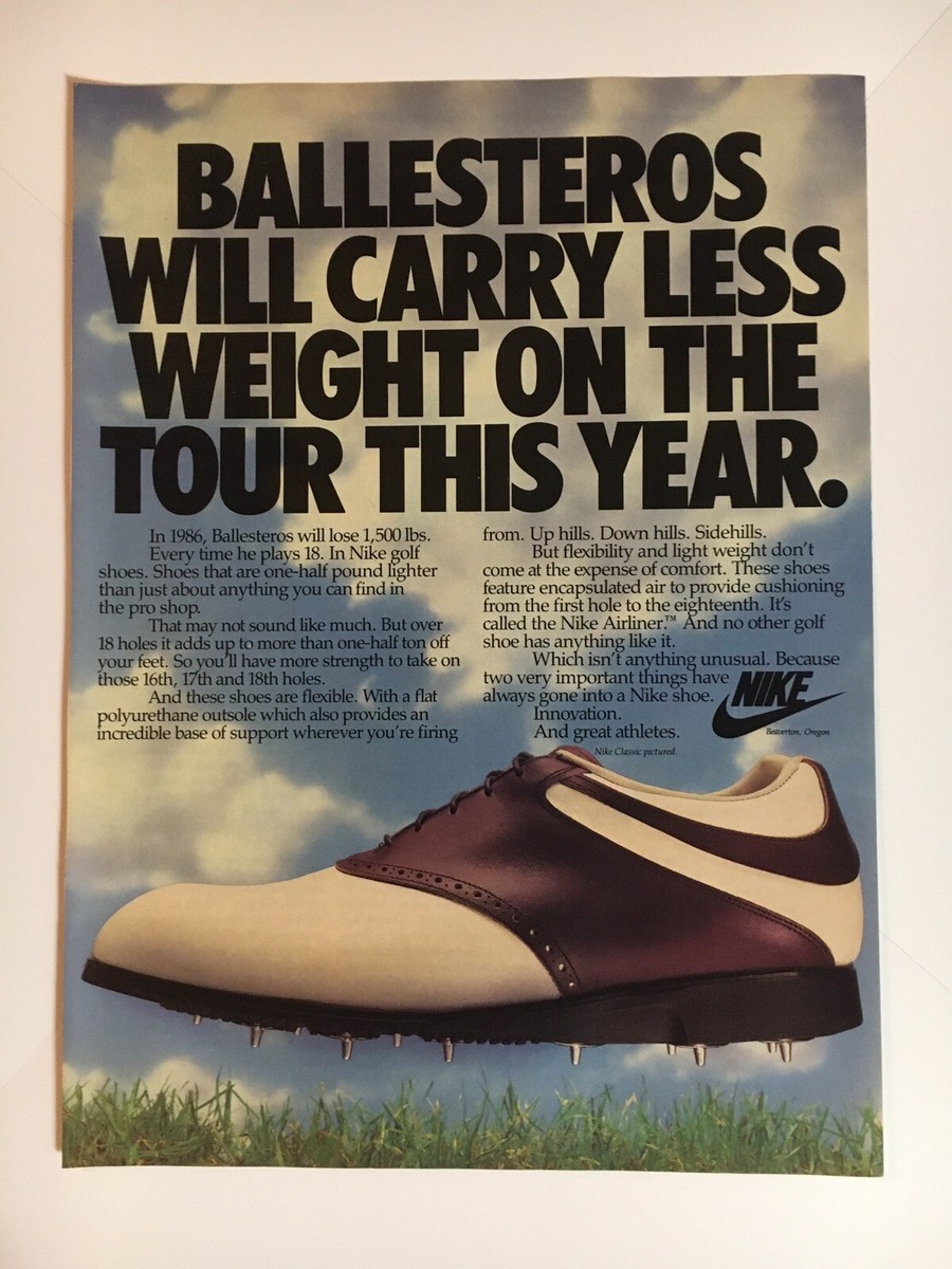 NIKE Golf Shoes Seve Ballesteros 1986 Vintage Print Ad 8x11 Inches