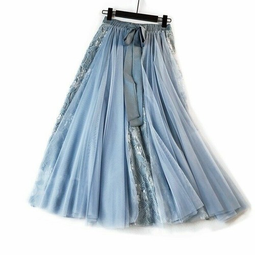 Damen Lolita Netz Rock Tüll Spitze Plissiert Midi Kleid A-Linien Hohe Taille - Bild 6 von 15