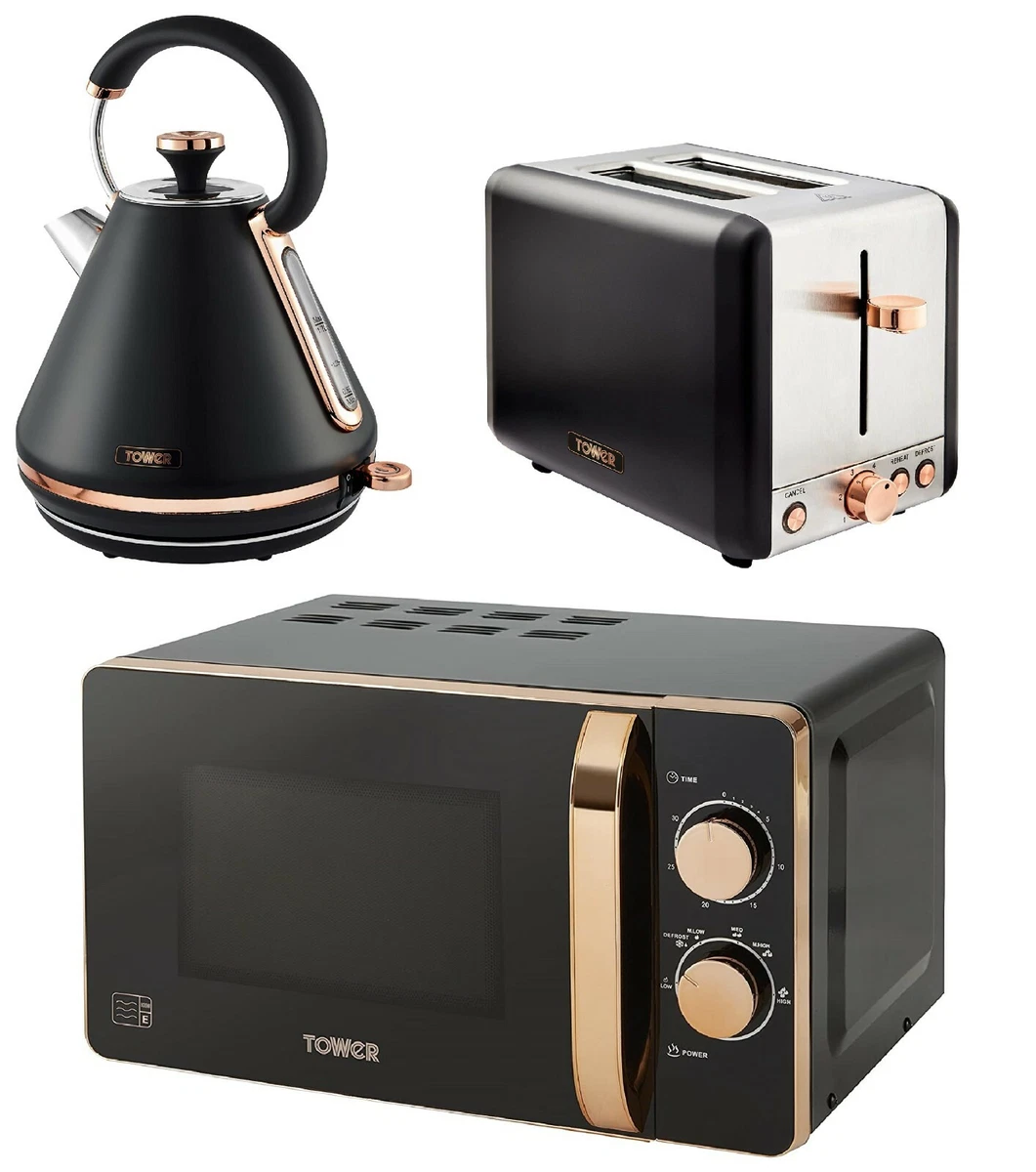 Black and Rose Gold Tower Set Pyramid Kettle 2 Slice Toaster and Microwave
