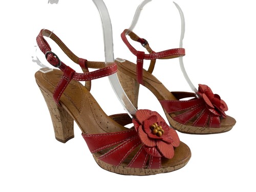 Naya Wanita Womens Shoes Red 6 M Leather Flower Straps Slingback Heel Sandals - Picture 2 of 12