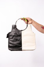 90s Does 60s Vintage Black & White Halved Leather O Ring Everest Handbag Mod