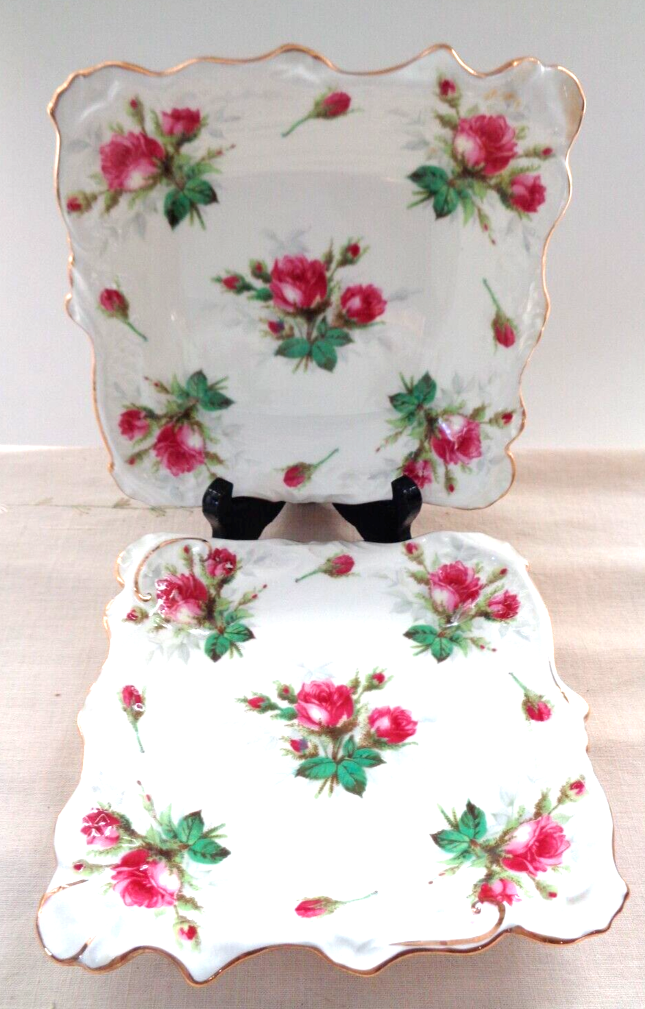 TWO VINTAGE HAMMERSLEY BONE CHINA SQUARE SALAD PLATES-“GRANDMOTHER’S ROSE