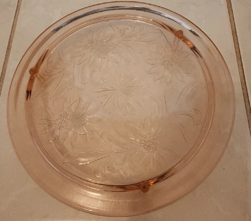 Pink Depression SUNFLOWER Glass Cake Plate JEANETTE GLASS 10" Footed HTF VINTAGE