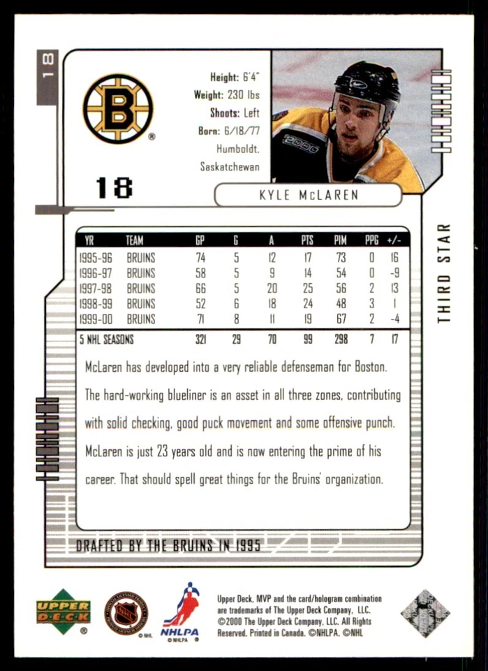 2000-01 Upper Deck MVP Kyle McLaren Boston Bruins #18 - Image 2 of 2