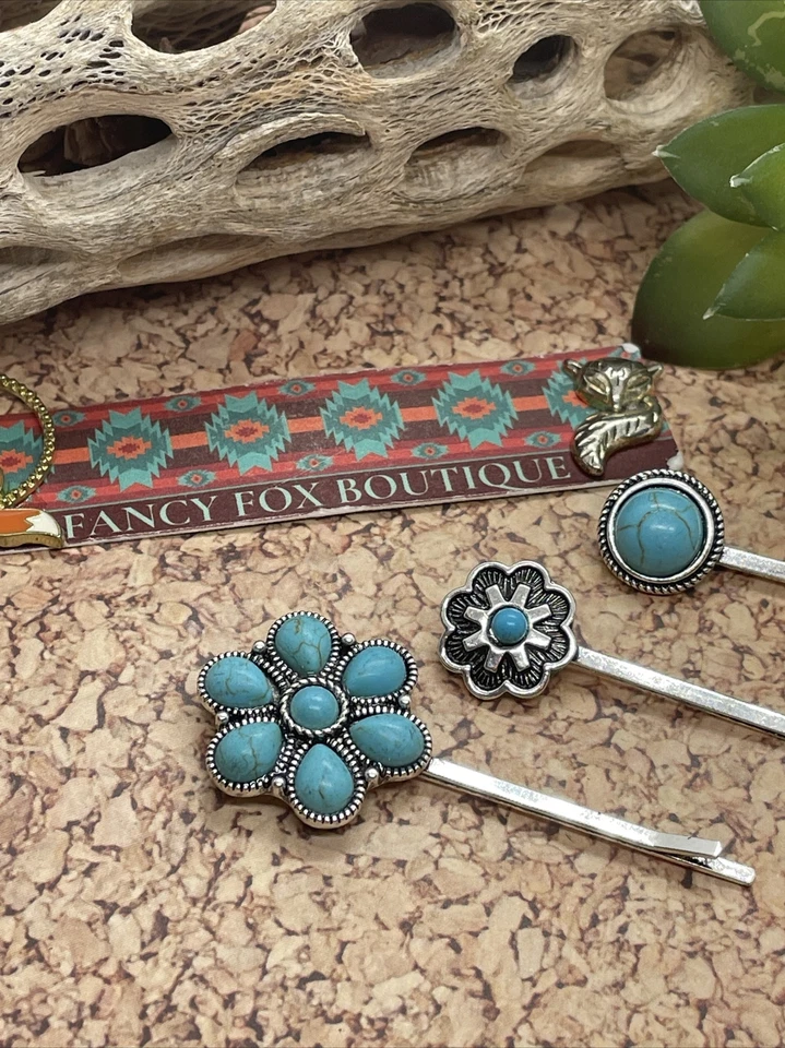 JUEGO 3 pinzas para el cabello plateadas del suroeste occidental turquesa AZUL REGRESO A LA ESCUELA Foto 4 de 4