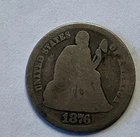 1876 US SEATED LIBERTY DIME ABOUT GOOD AG VERY WORN FREE SHIPPING