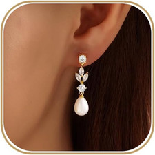 Pearl Earrings for Women, 14K Gold Plated Trendy Diamond Pearl Drop Earrings Bri